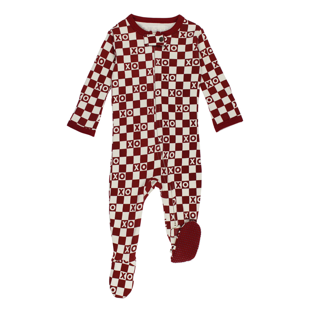 Organic 2-Way Zipper Footie in Crimson XO Checker.