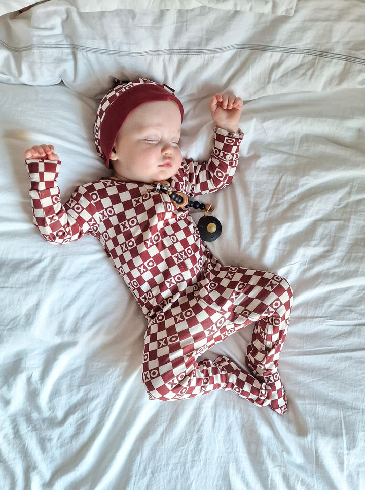 Organic 2-Way Zipper Footie in Crimson XO Checker