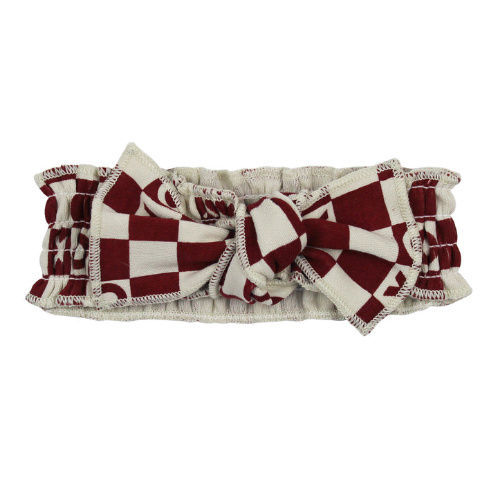 Organic Smocked Headband in Crimson XO Checker.