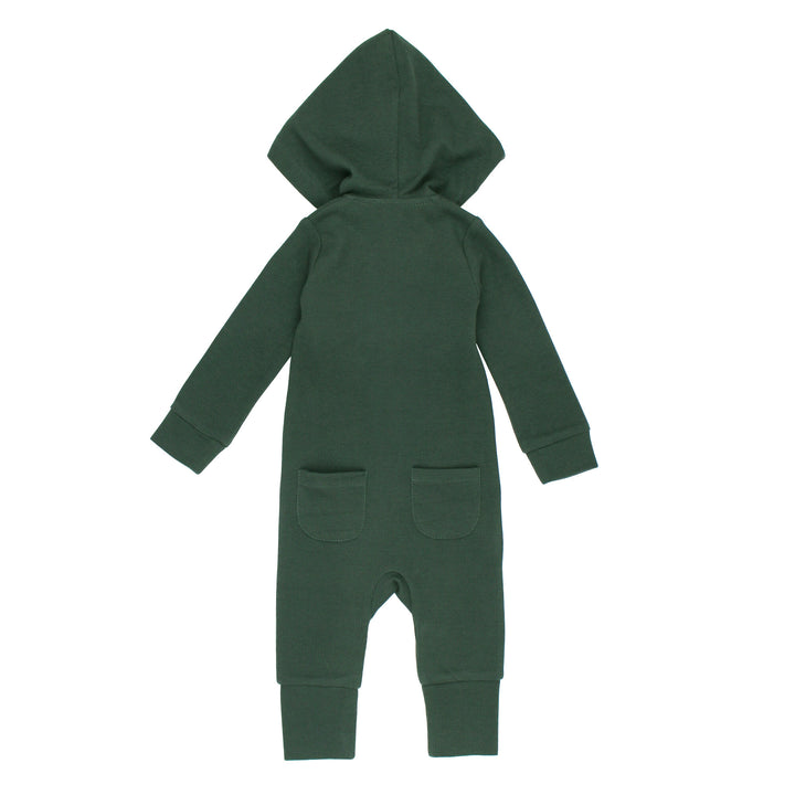 Back view of Organic Thermal 2-Way Zipper Romper in Evergreen.