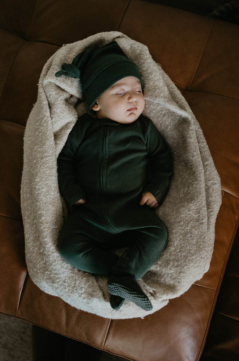 Child wearing Organic Thermal 2-Way Zipper Footie in Evergreen.