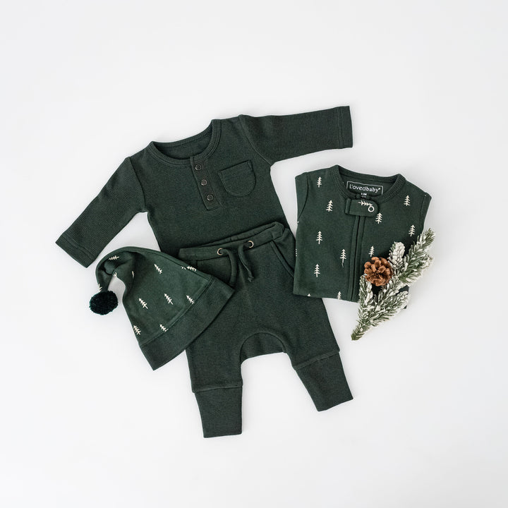 Child wearing Organic Thermal Henley & Jogger Set in Evergreen.