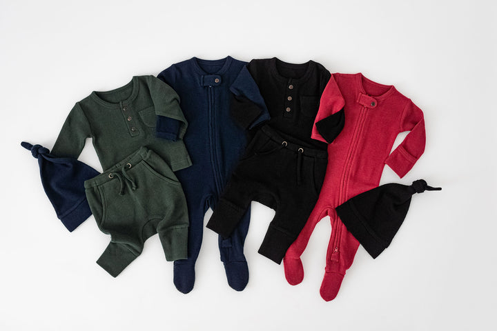 Child wearing Organic Thermal Henley & Jogger Set in Evergreen.