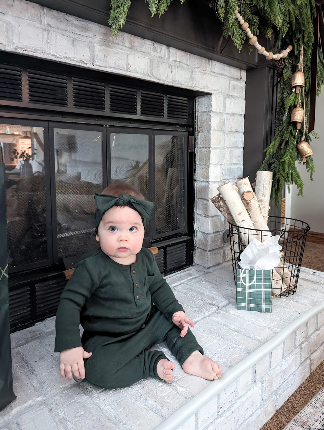 Child wearing Organic Thermal Henley & Jogger Set in Evergreen.