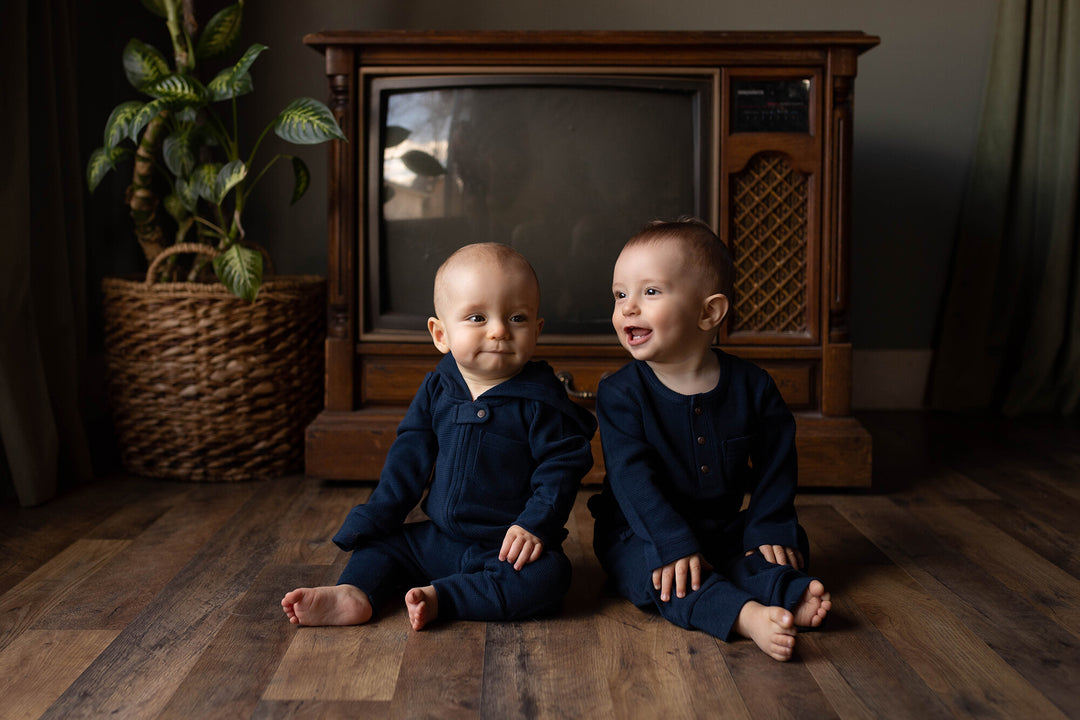 Child wearing Organic Thermal Henley & Jogger Set in Midnight.