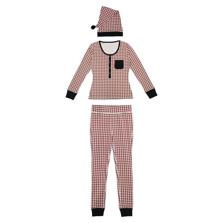 Women's Organic Holiday 2-Pc Lounge Set with Cap in Crimson Plaid.