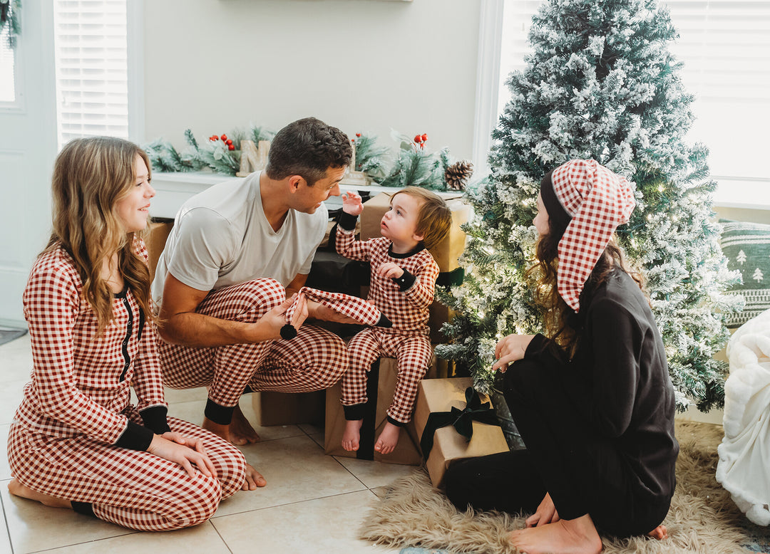 Child wearing Women's Organic Holiday 2-Pc Lounge Set with Cap in Crimson Plaid.