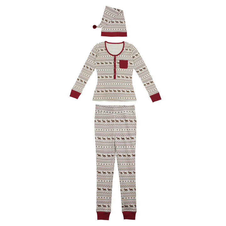 Women's Organic Holiday 2-Pc Lounge Set with Cap in Fair Isle Rudolph.