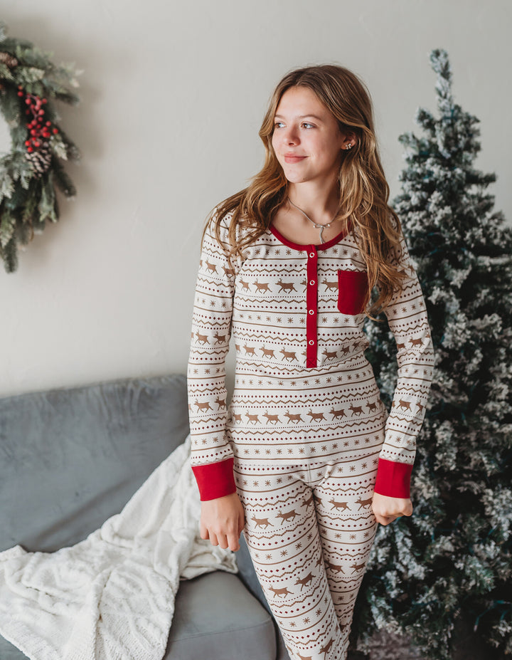 Child wearing Women's Organic Holiday 2-Pc Lounge Set with Cap in Fair Isle Rudolph.