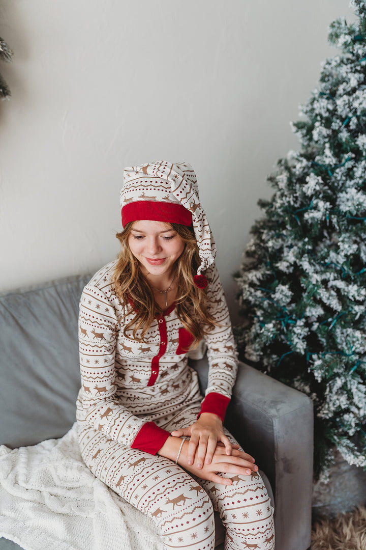 Child wearing Women's Organic Holiday 2-Pc Lounge Set with Cap in Fair Isle Rudolph.