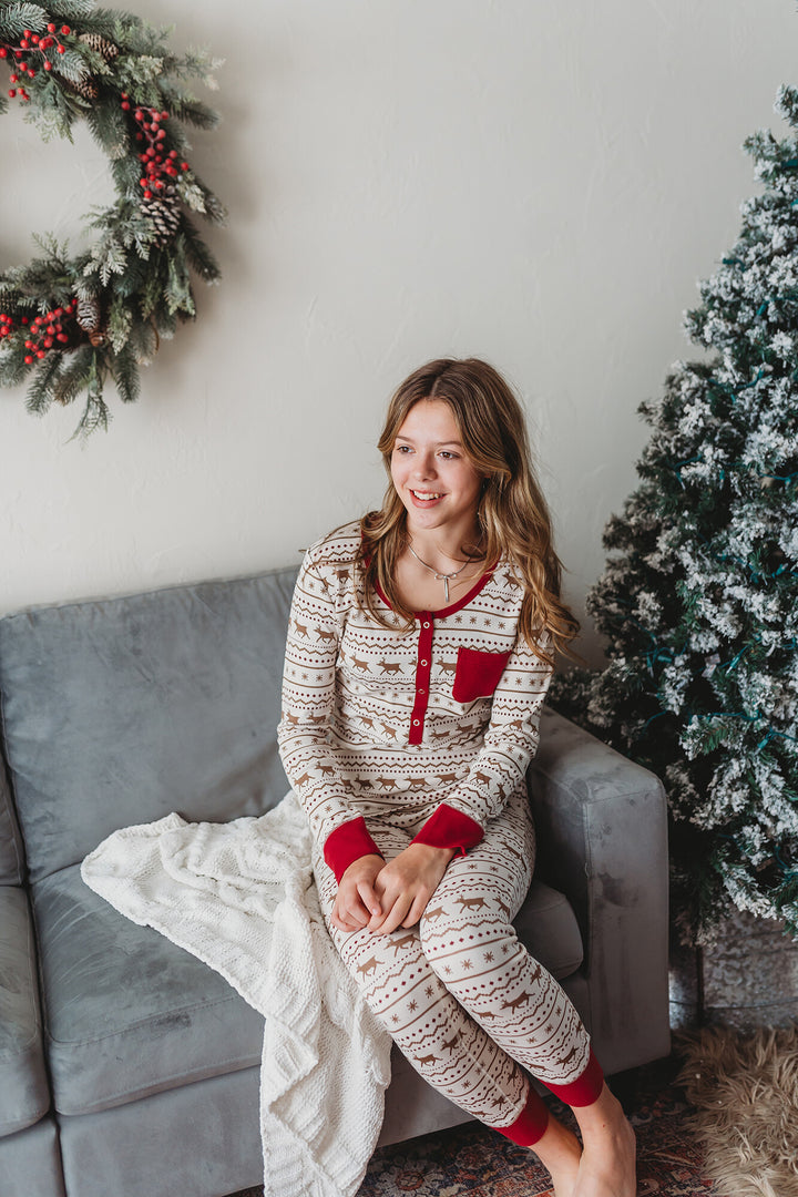 Child wearing Women's Organic Holiday 2-Pc Lounge Set with Cap in Fair Isle Rudolph.