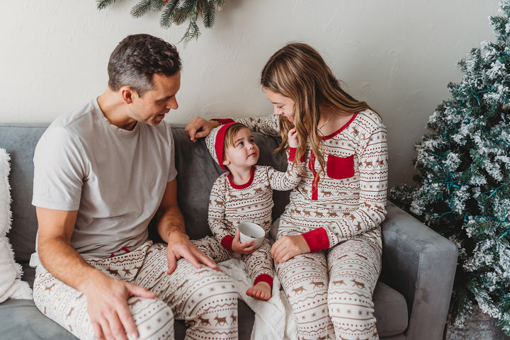 Child wearing Women's Organic Holiday 2-Pc Lounge Set with Cap in Fair Isle Rudolph.