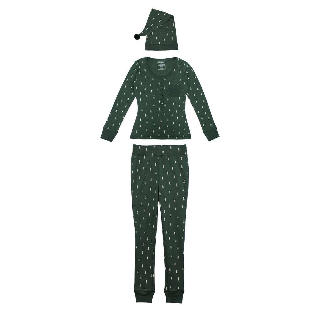 Women's Organic Holiday 2-Pc Lounge Set with Cap in Pine Trees.