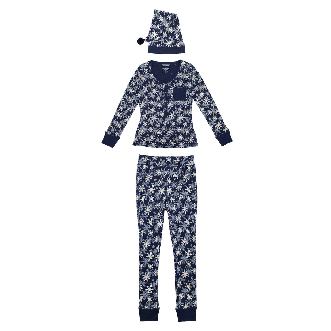 Women's Organic Holiday 2-Pc Lounge Set with Cap in Snowflakes.