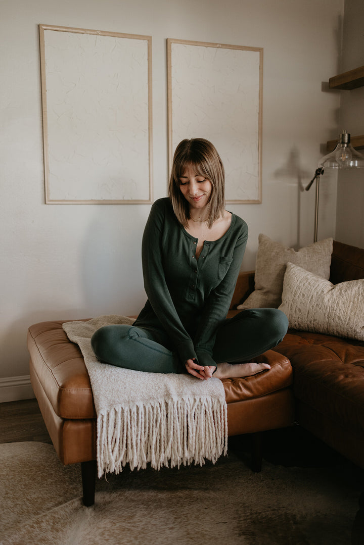 Child wearing Women's Organic Thermal Lounge Set in Evergreen.