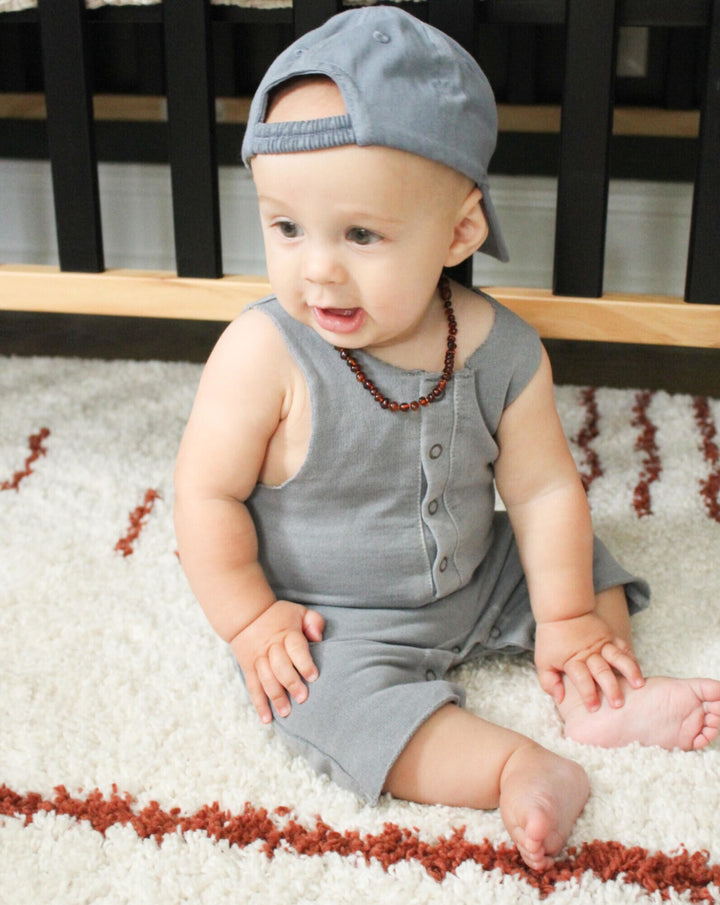 Child wearing French Terry 2-Sided Romper in Mist.