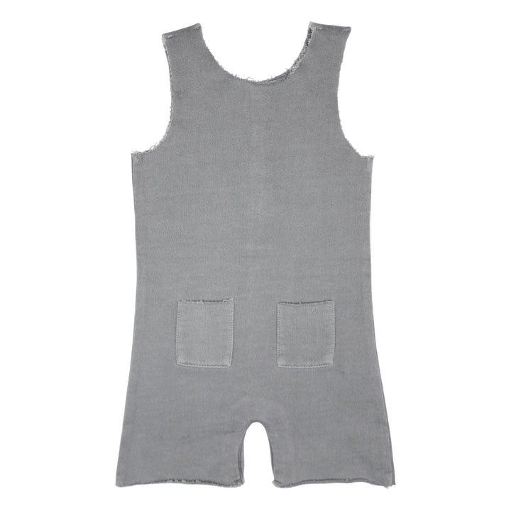 Back view of French Terry 2-Sided Romper in Mist, a medium gray color.