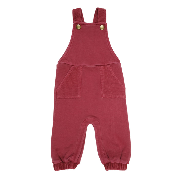 French Terry Overall Romper in Appleberry, a dark, dusky pink color.