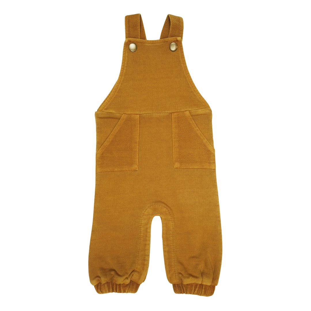 French Terry Overall Romper in Butterscotch, a yellowish orange color.