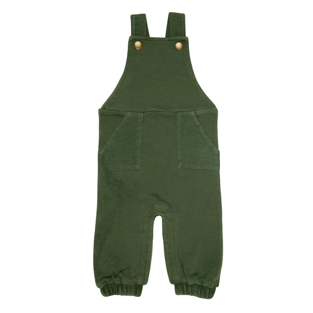 French Terry Overall Romper in Forest, a deep green color.