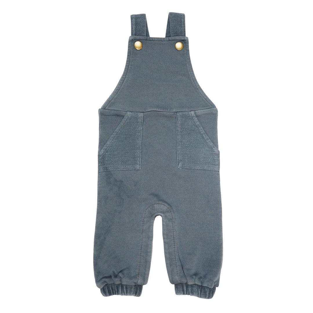 French Terry Overall Romper in Moonstone, a gray blue color.