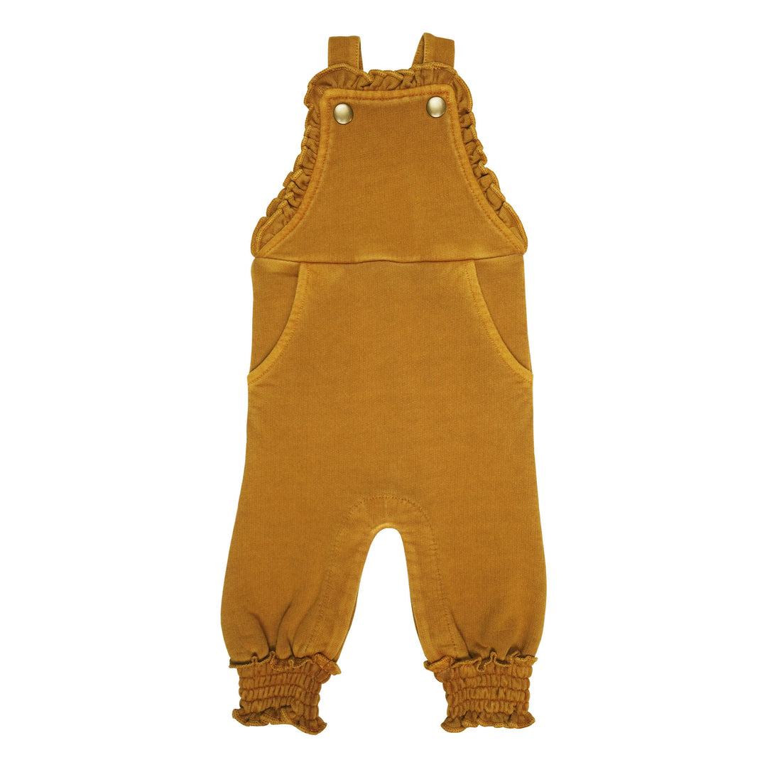 French Terry Ruffle Overall in Butterscotch, a yellowish orange color.