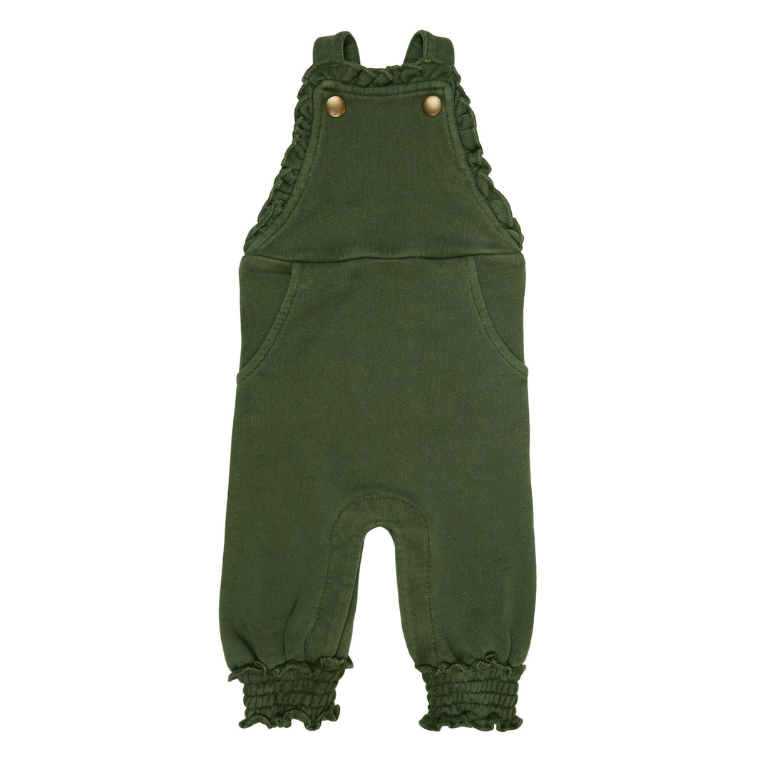 French Terry Ruffle Overall in Forest, a deep green color.