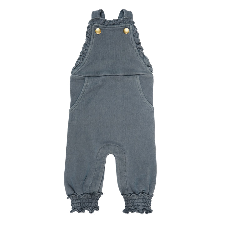 French Terry Ruffle Overall in Moonstone, a gray blue color.