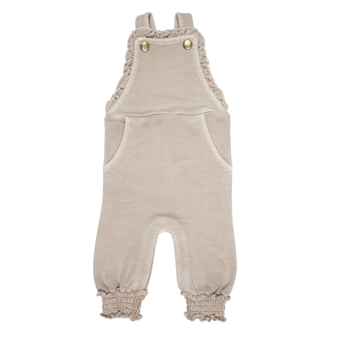 French Terry Ruffle Overall in Oatmeal, a light tan color.