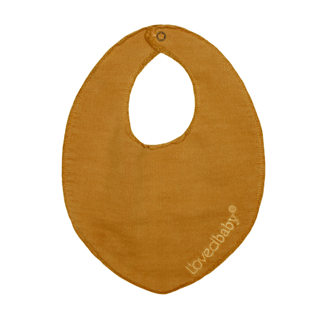 French Terry Reversible Bib in Butterscotch, a yellowish orange color.