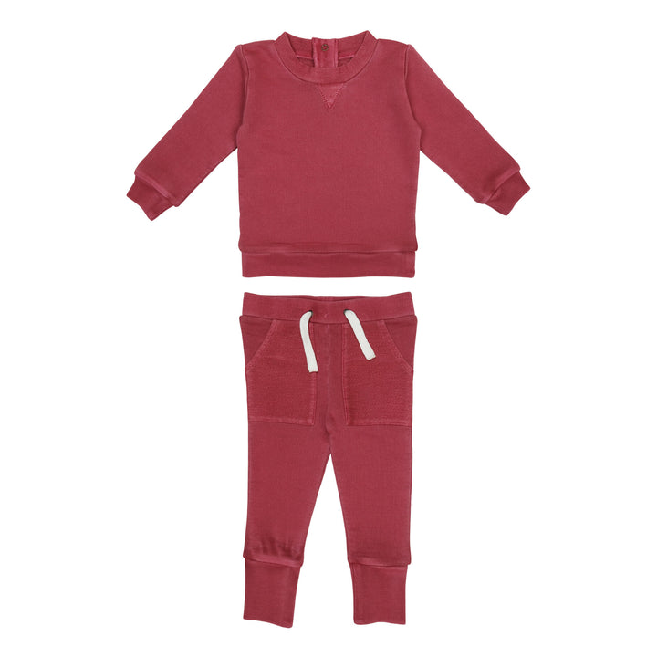 French Terry Sweatshirt & Jogger Set in Appleberry, a dark, dusky pink color.