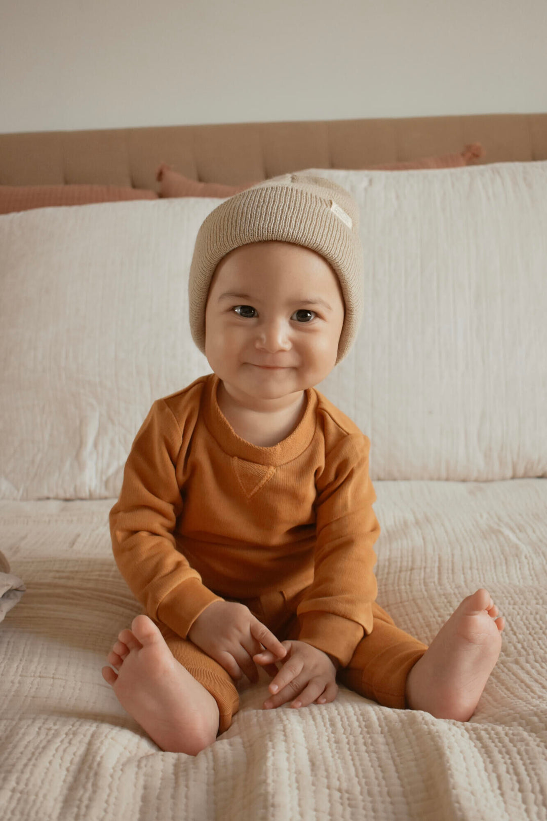 Child wearing French Terry Sweatshirt & Jogger Set in Butterscotch.