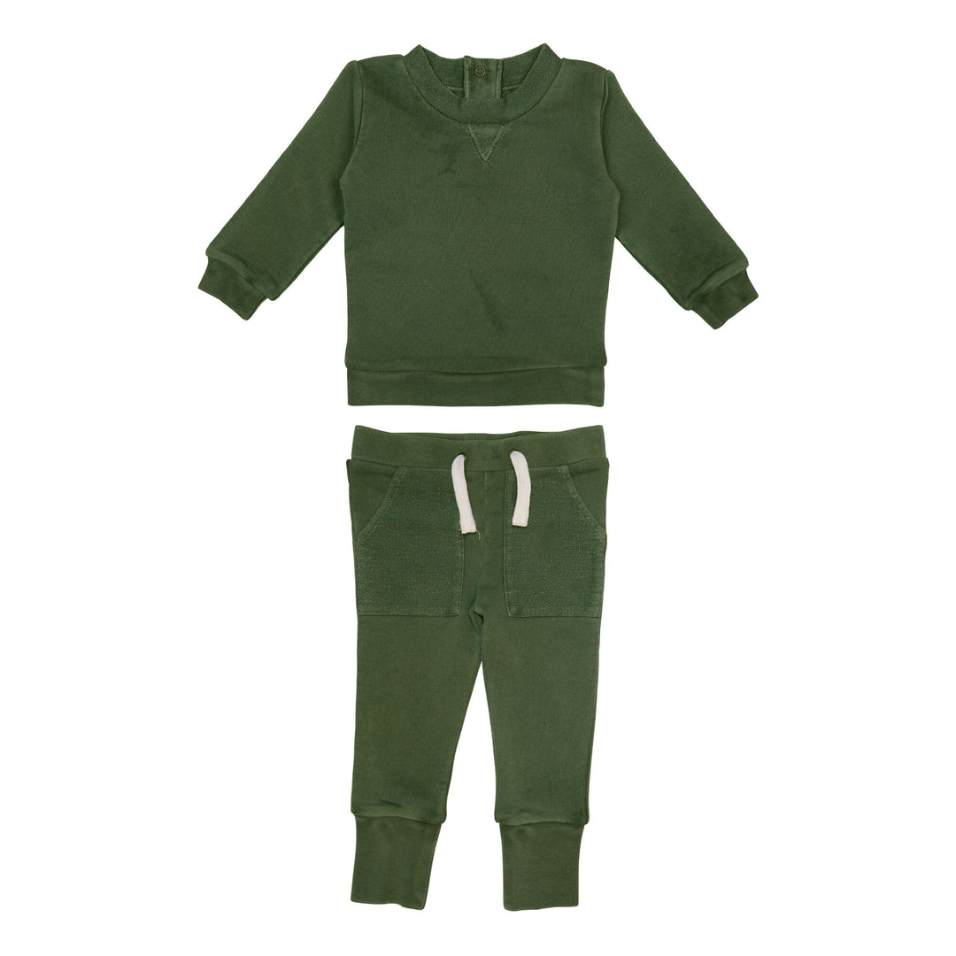 French Terry Sweatshirt & Jogger Set in Forest, a deep green color.