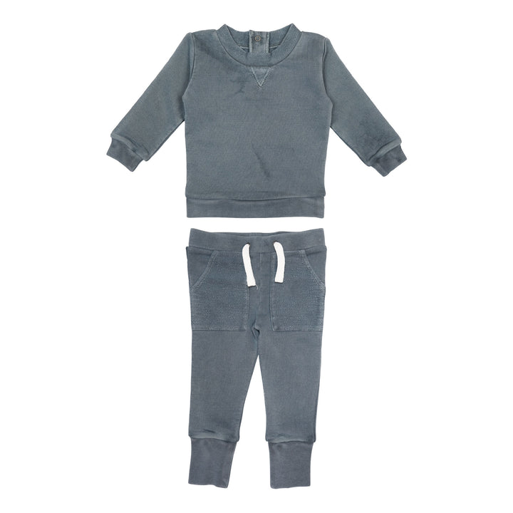 French Terry Sweatshirt & Jogger Set in Moonstone, a gray blue color.