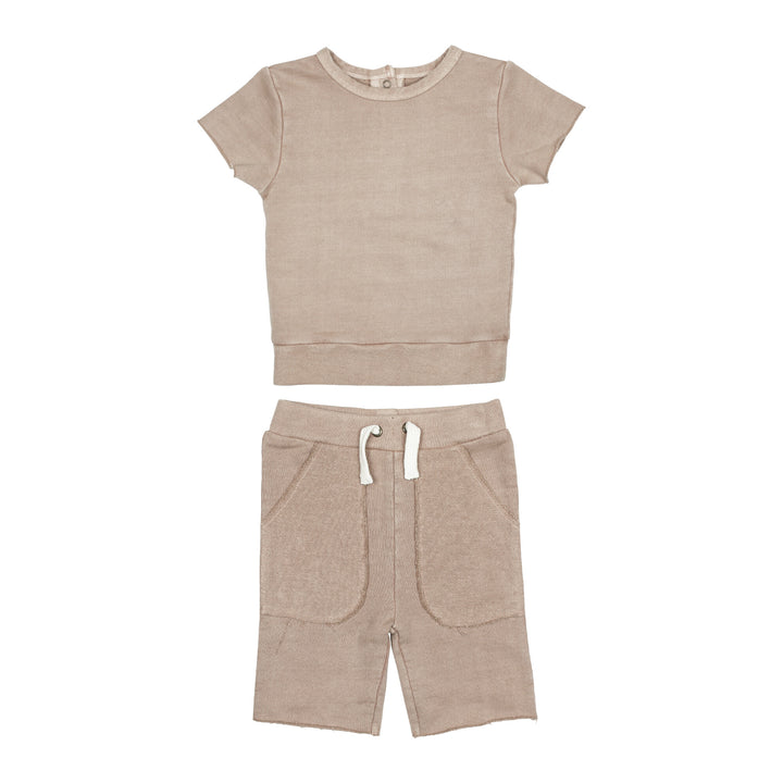 Kids' French Terry Shorts & Tee Set in Oatmeal, a light tan color.