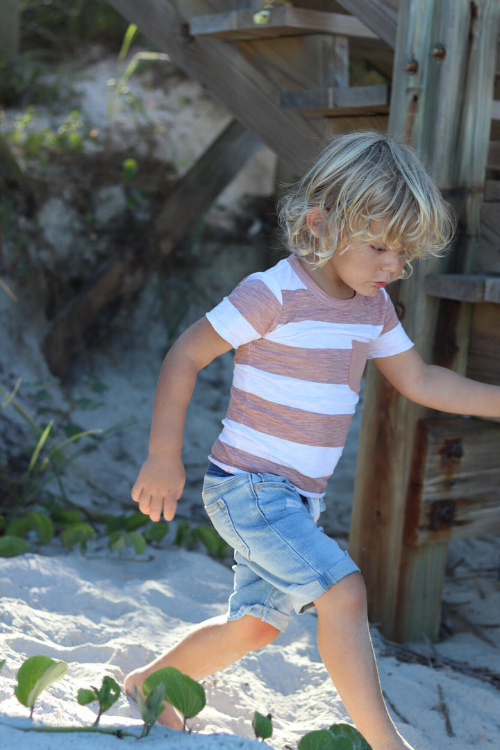 Child wearing Kids' Slub Jersey Crewneck Tee in Adobe Stripe.