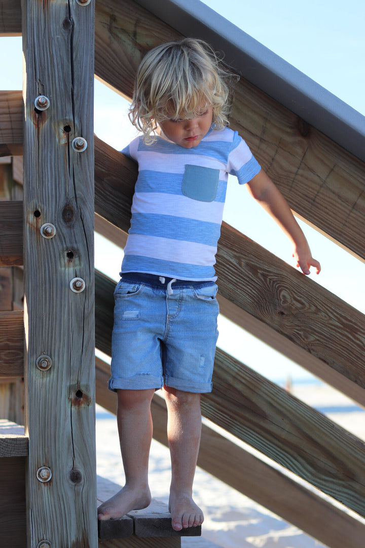 Child wearing Kids' Slub Jersey Crewneck Tee in Pool Stripe.