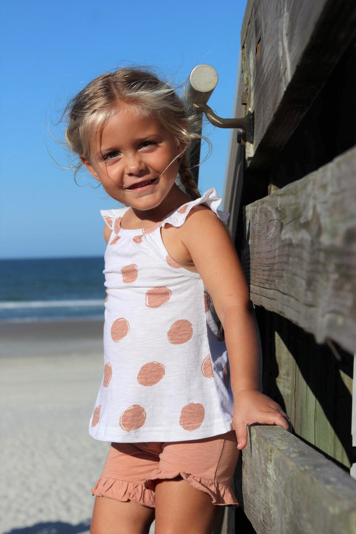 Child wearing Kids' Tank & Tap Short Set in Adobe Dot.