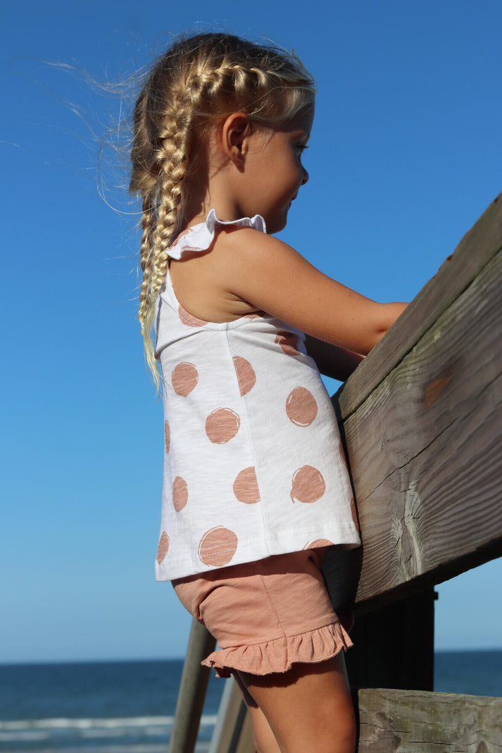 Child wearing Kids' Tank & Tap Short Set in Adobe Dot.