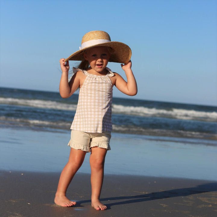 Child wearing Kids' Tank & Tap Short Set in Stone Gingham.