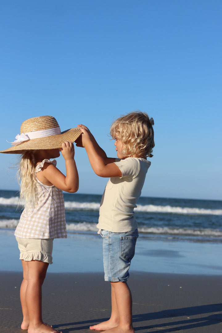 Child wearing Kids' Tank & Tap Short Set in Stone Gingham.