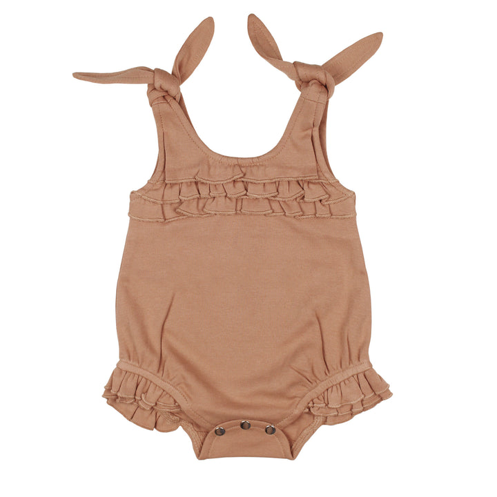 Ruffle Bodysuit in Adobe, a tan clay color.