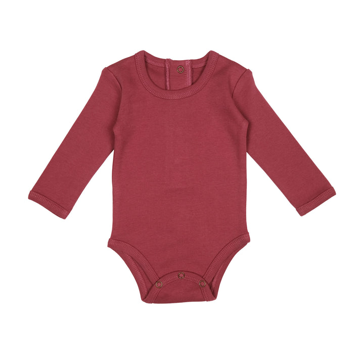 Organic Long-Sleeve Bodysuit in Appleberry, a dark, dusky pink color.