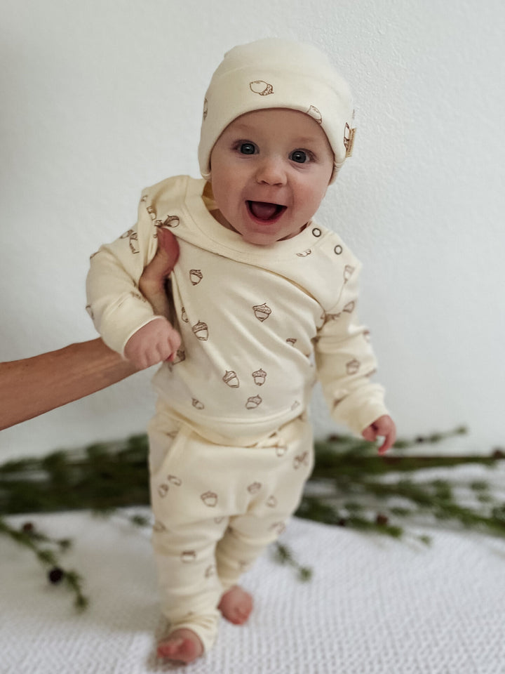 Child wearing Reversible Beanie in Buttercream.