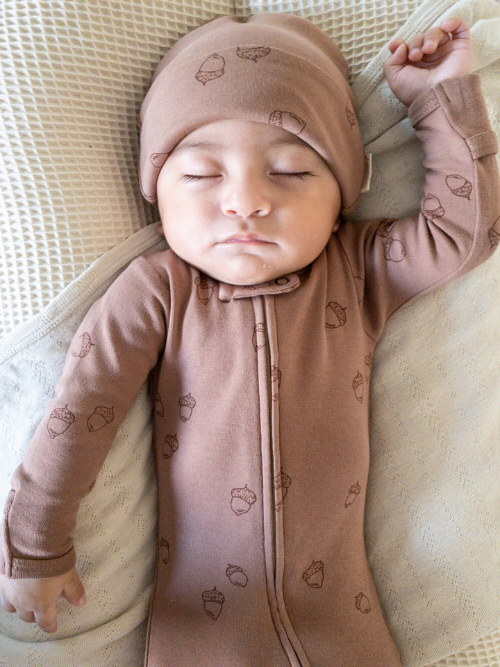 Child wearing Reversible Beanie in Latte.