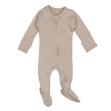 Organic 2-Way Zipper Footie in Oatmeal, a light tan color.