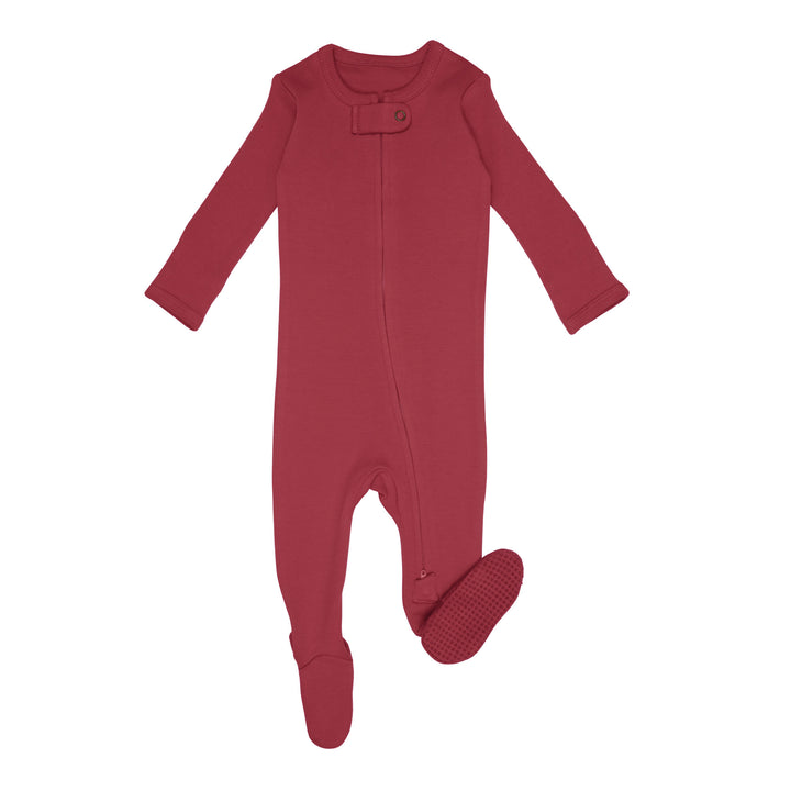 Organic Zipper Footie in Appleberry, a dark, dusky pink color.