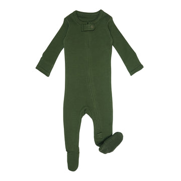 Organic Zipper Footie in Forest, a deep green color.