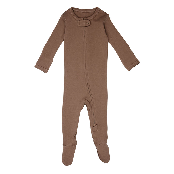 Organic Zipper Footie in Latte, a medium brown color.