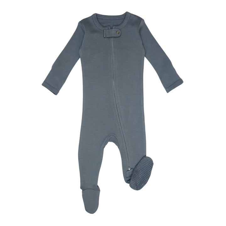 Organic Zipper Footie in Moonstone, a gray blue color.